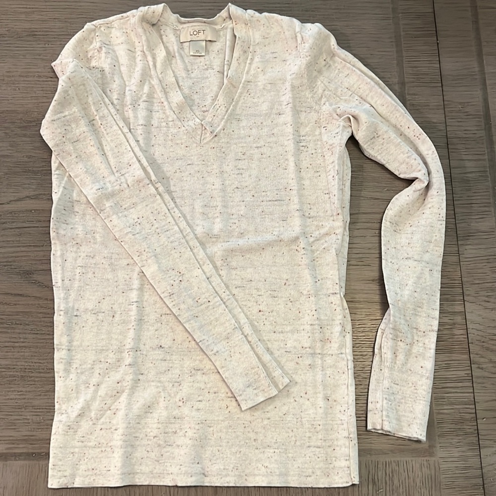 LOFT Cream Speckled V-neck Sweater